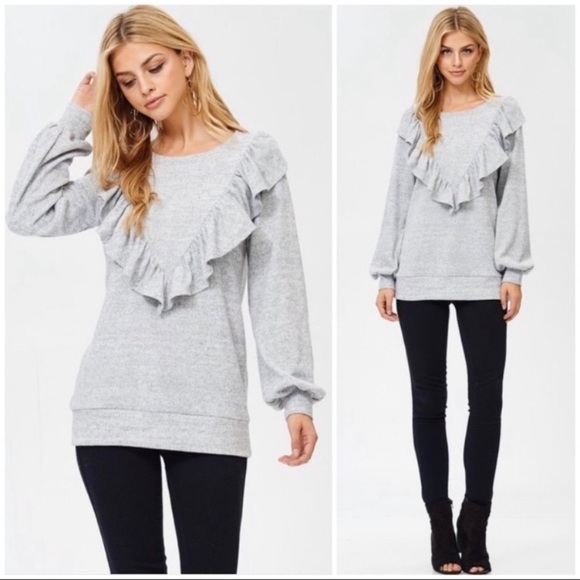 Sweaters - CLEARANCE Gray Ruffle Light Knit Long Sleeve Sweater